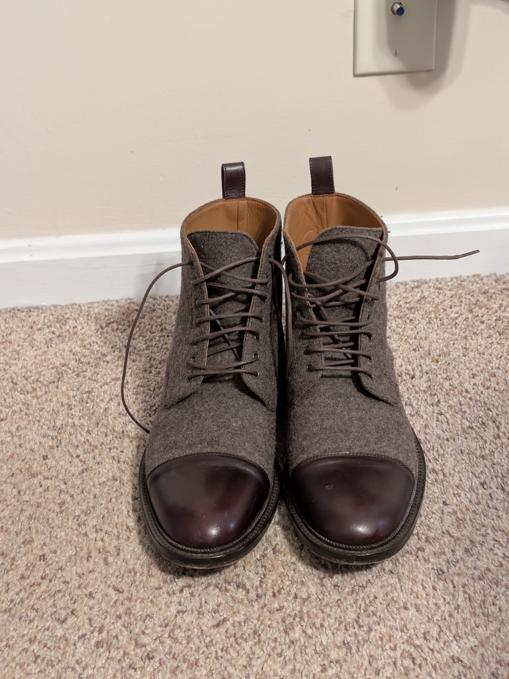 TAFT The Jack Boot Grey Wool Oxblood Leather Cap Toe Boots Mens EU 44 US 11